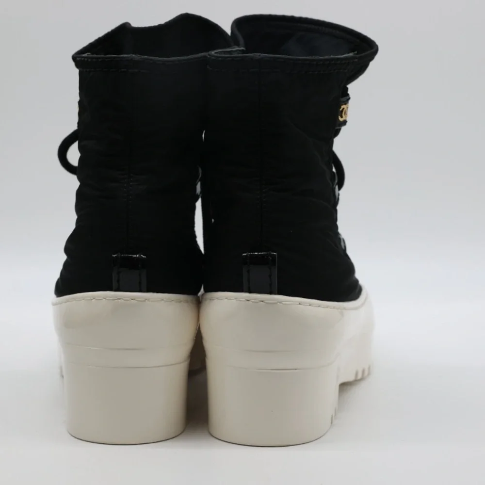 CHANEL Black Nylon Ankle Boots with White Rubber Sole size 38